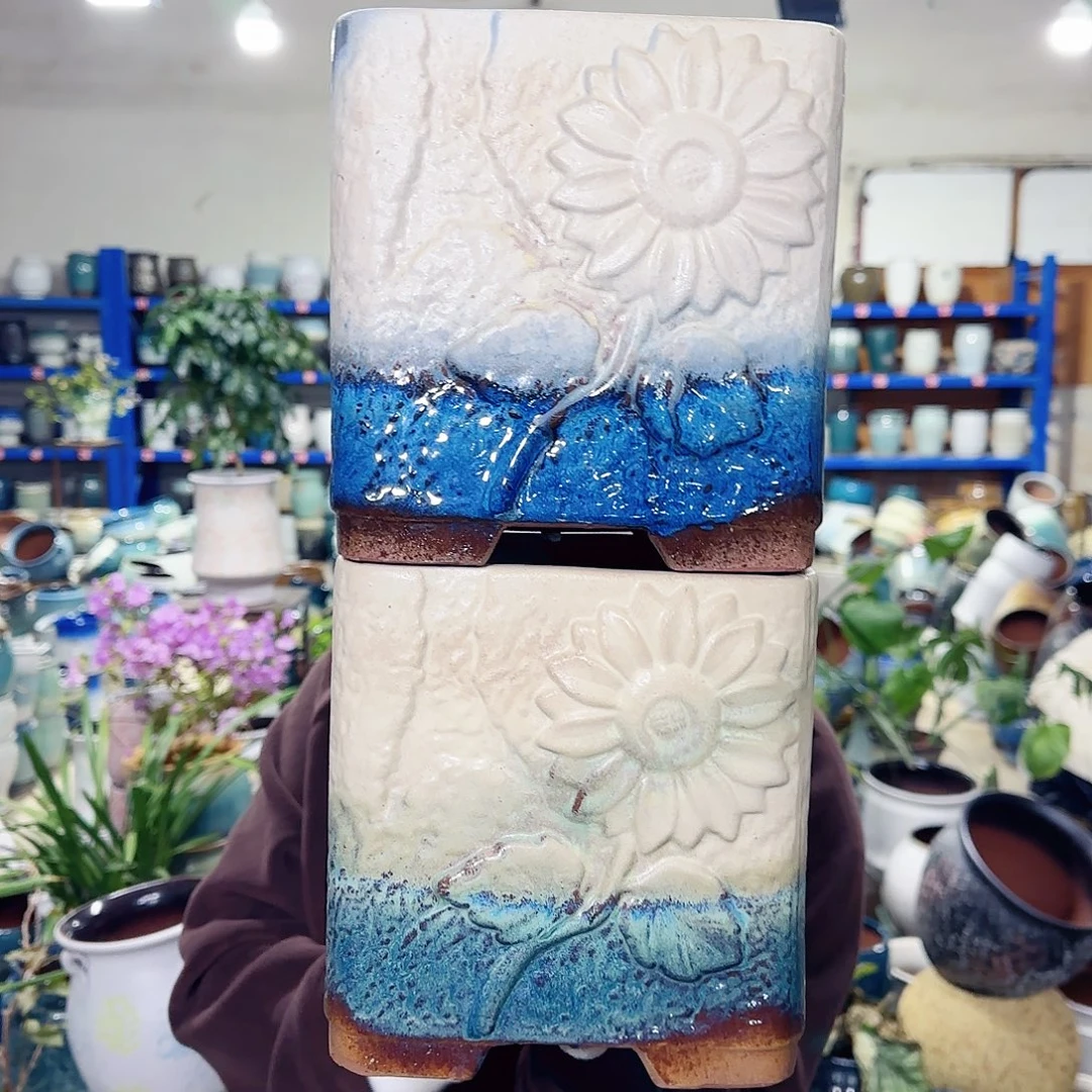 花盆紫砂高20口19。蓝绿