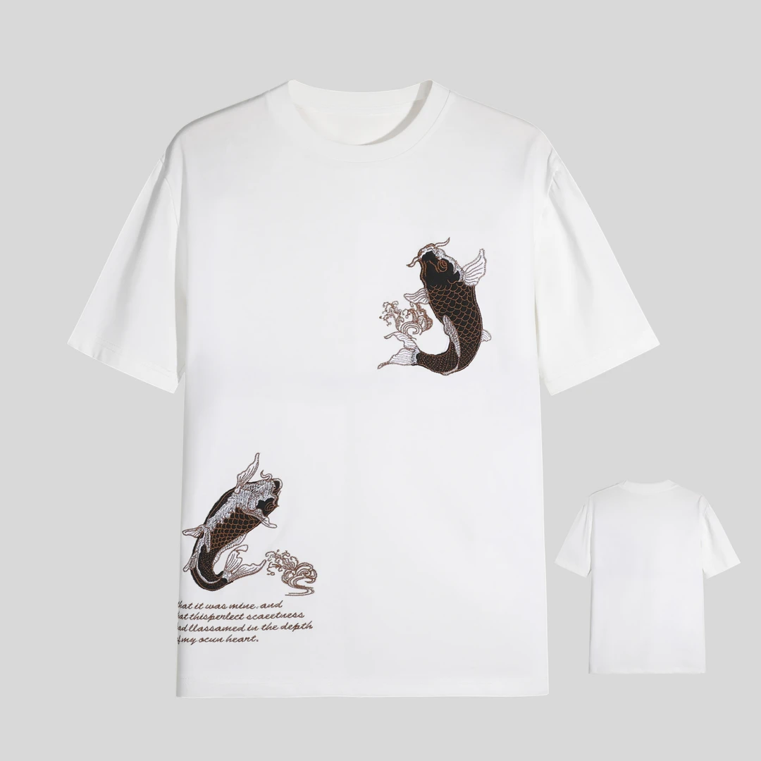 【花1】夏季轻奢短袖男士国风鲤鱼刺绣T恤 y342