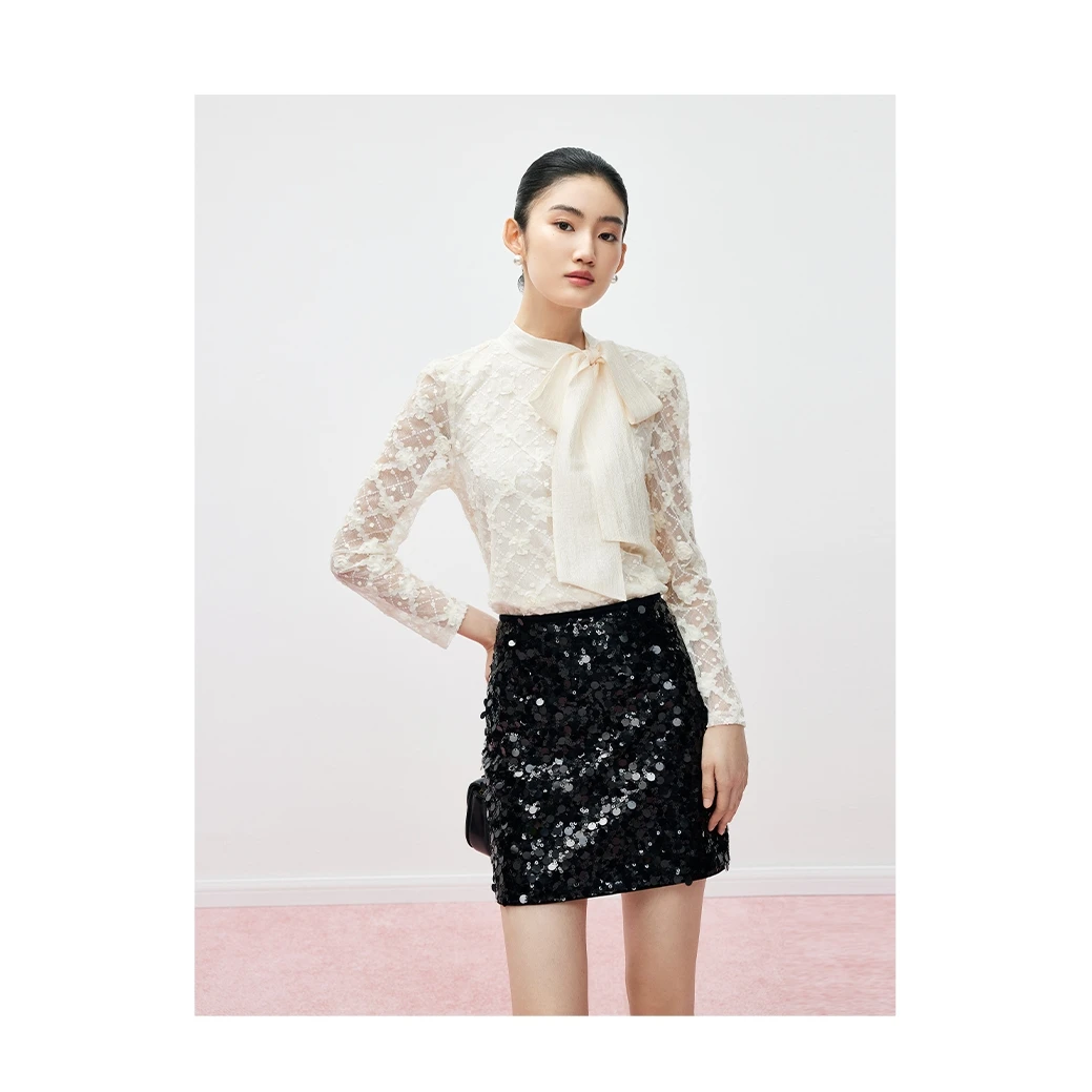 【Mandy Zhang】法式浪漫蝴蝶结飘带衬衫女春秋设计感亮片蕾丝长袖