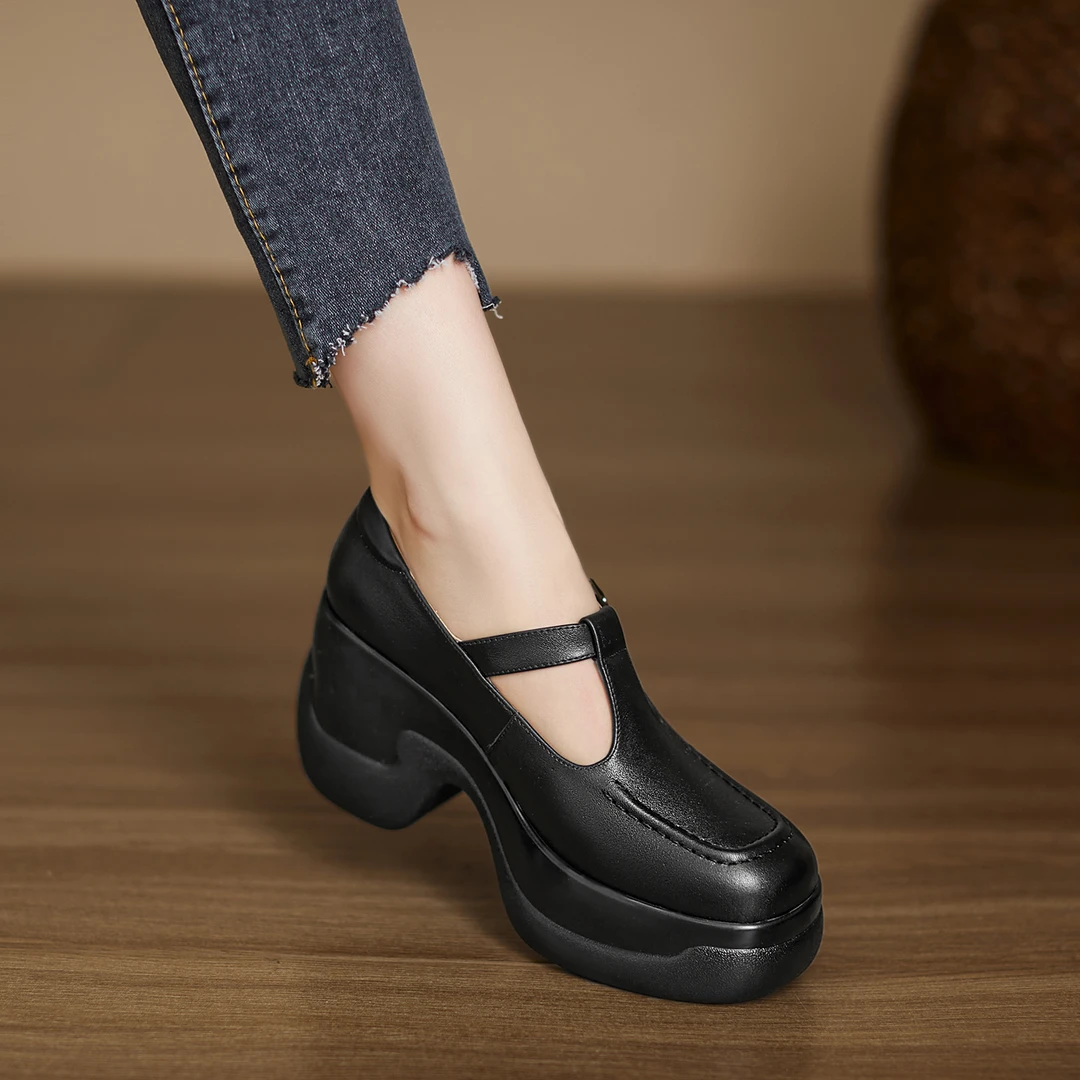 小个子增高9cm~圆头小皮鞋女真皮粗跟2025新款玛丽珍单鞋女丁字鞋