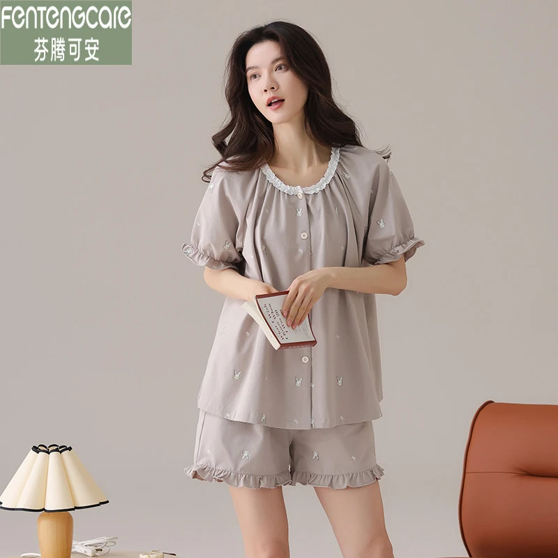 芬腾可安睡衣女夏季纯棉短袖短裤开衫薄款夏天女士凉感爽棉家居服