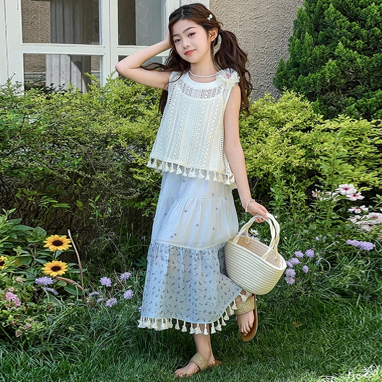 女童蕾丝流苏半身裙套装三件套夏季2025新款中大童印花洋气裙子潮