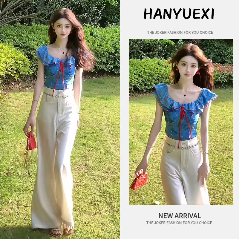 今年流行穿搭一整套2025新款花边飘带多穿上衣修身阔腿长裤两件套