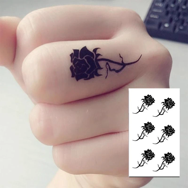 黑色玫瑰花纹身贴防水女持久仿真手指上小图案洗不掉的遮疤痕贴纸