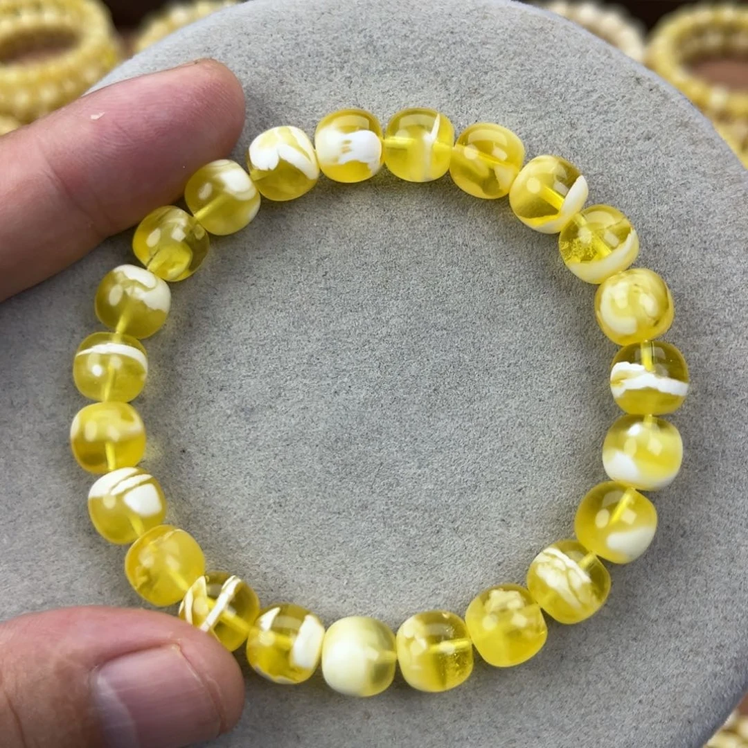 蜜蜡未镶嵌手串纯天然俄料金瓷白极限弧高桩9.5*9腕口18+