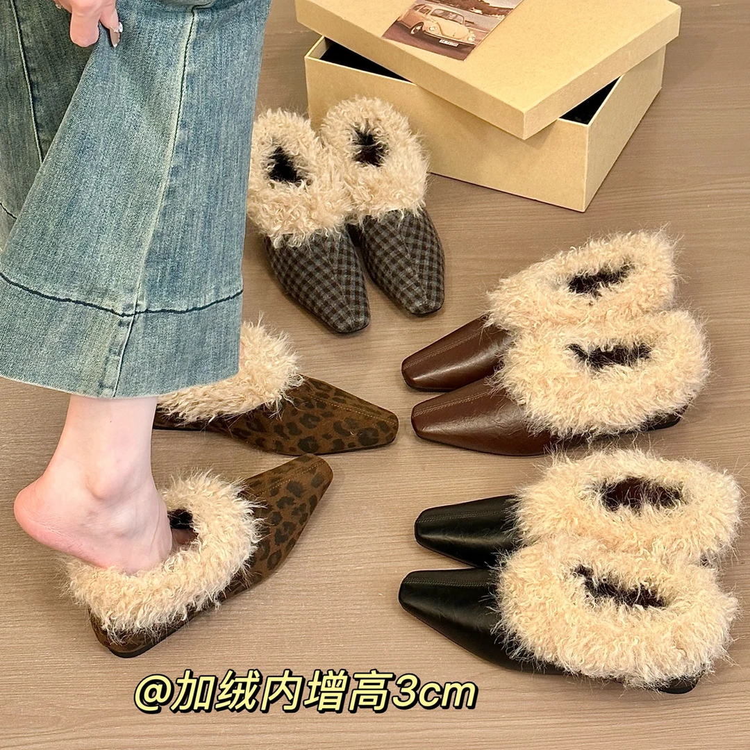 titing博主腔调！复古呢子方头毛毛乐福鞋女冬韩版加绒内增高单鞋