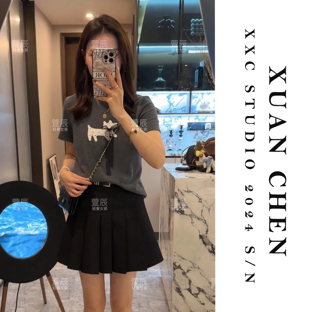 【斑点狗】早秋百搭外穿磨毛T恤时髦小狗刺绣打底短袖上衣#3385