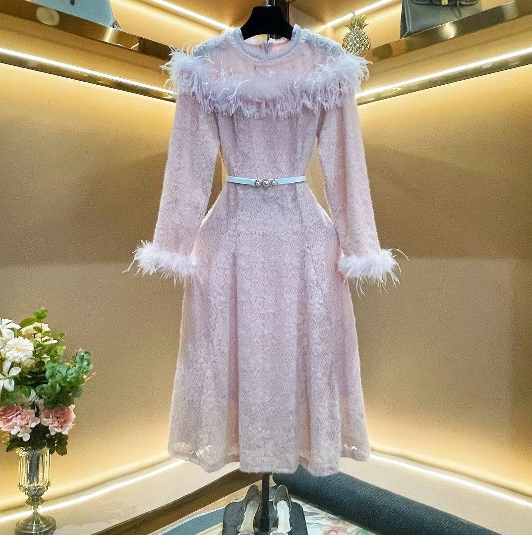 加绒加厚【粉蕊琼枝】轻奢设计师优雅气质修身时尚收腰连衣裙-88555