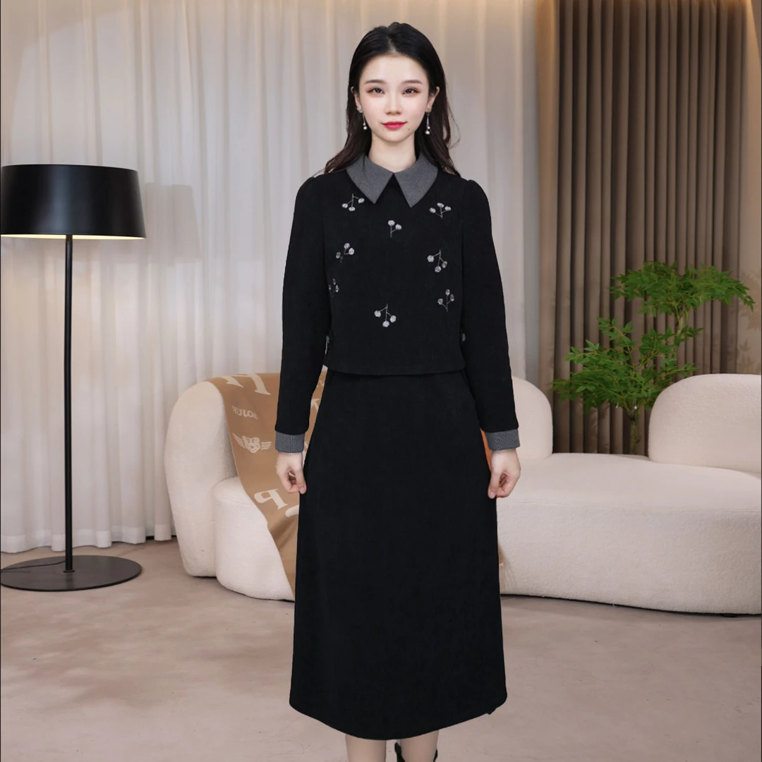 沐沐衣品长袖裙子小香风显瘦气质简约轻奢时尚黑色长袖裙子小香风