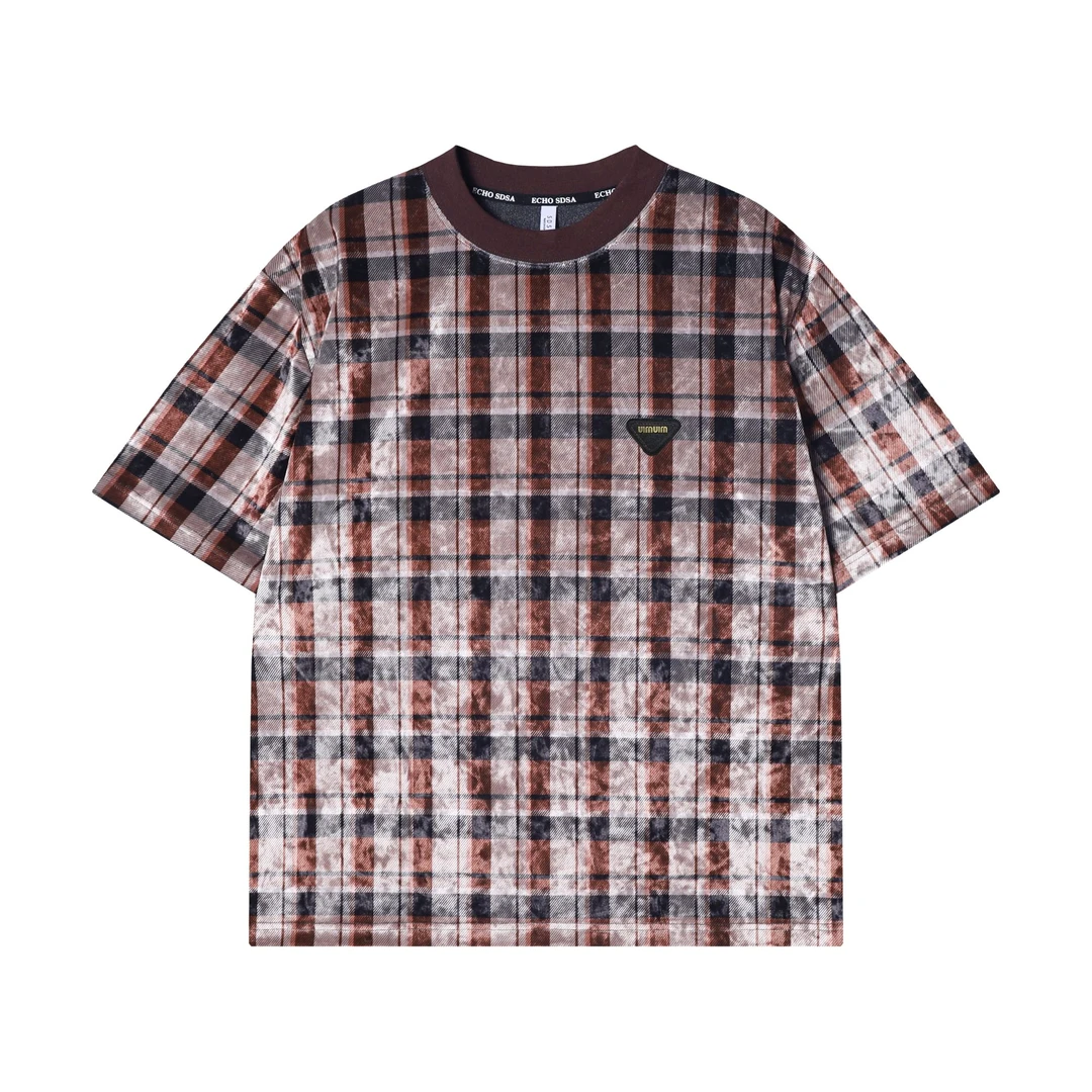 夏季高级感新款撞色格子倒三角圆领短袖T恤时尚休闲百搭宽松上衣