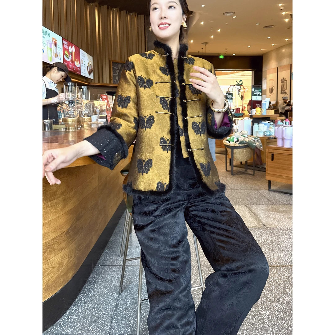 【深圳罗依】原创丝毛棉衣女上久楷桑蚕丝羊毛蝴蝶新中式气质棉服