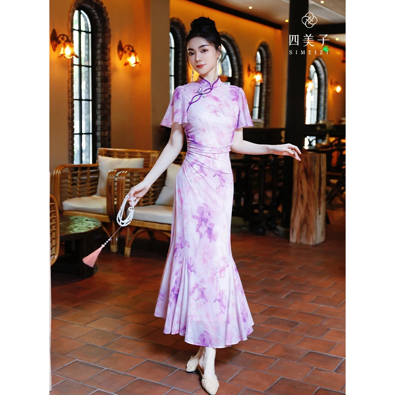 四美子【曼陀罗】新中式气质晕染气质撞色勾边弹力修身旗袍裙连衣裙