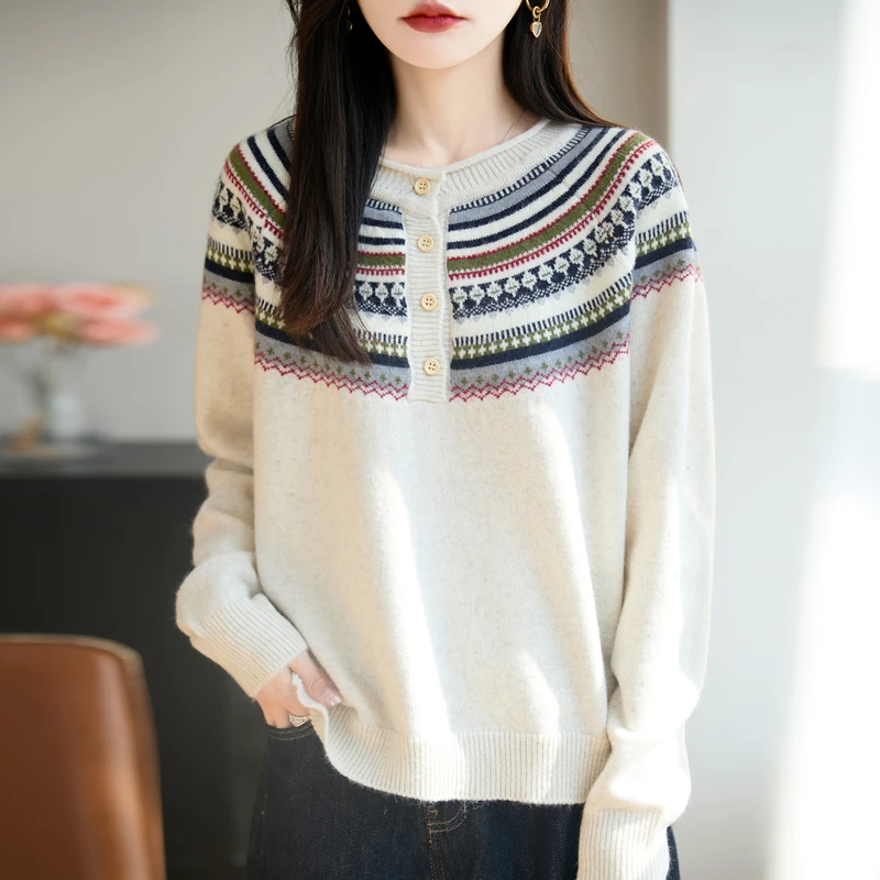 正品哥第秋季新款半开圆领费尔岛提花针织衫时尚百搭宽松显瘦上衣