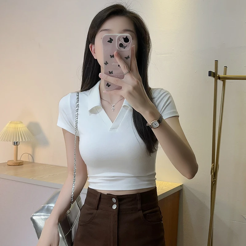 POLO领白色正肩短袖T恤2025夏季新款翻领设计感别致小众短款上衣