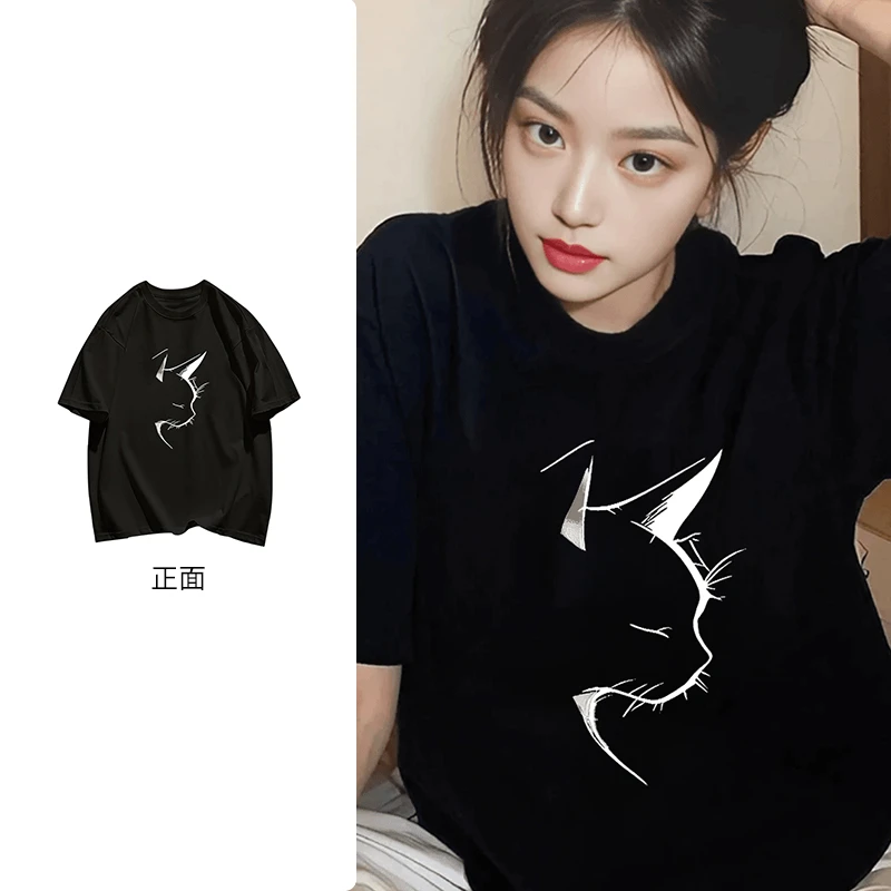 美式黑色显瘦纯棉T恤夏季休闲百搭猫咪印花短袖上衣ins#N571