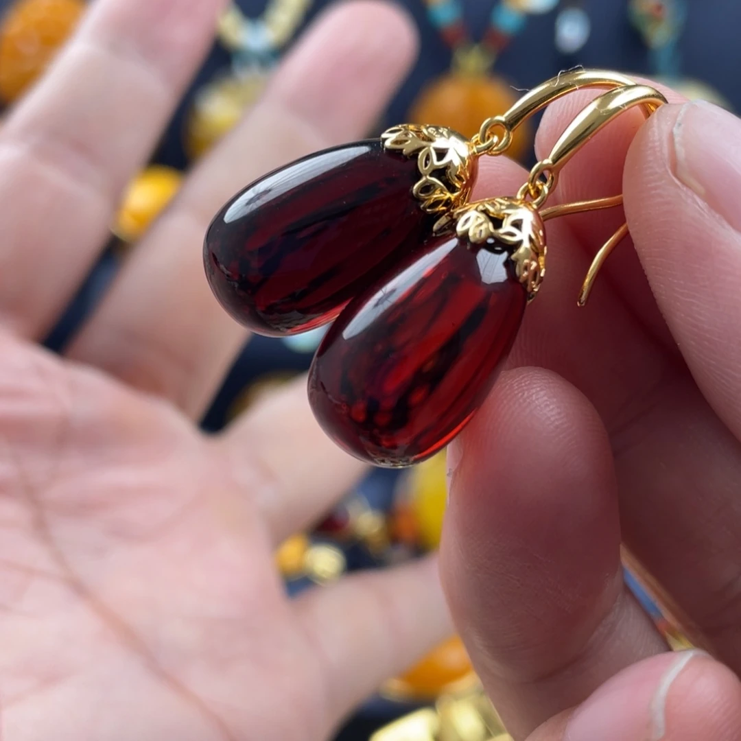 血珀耳饰银S925镀金镶嵌