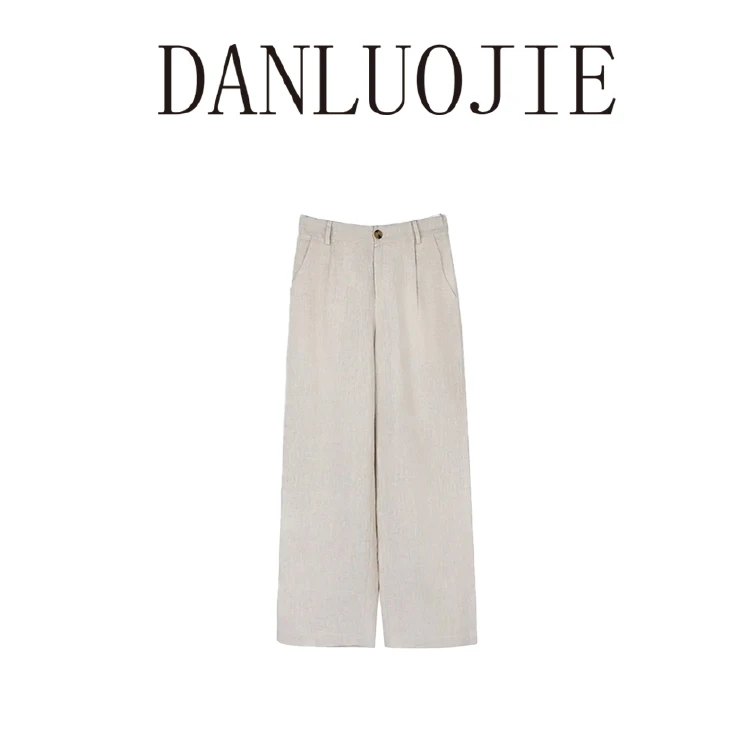 丹珞婕 雨露麻裤子 法国进口 亚麻 休闲百搭阔腿裤 松紧腰春夏
