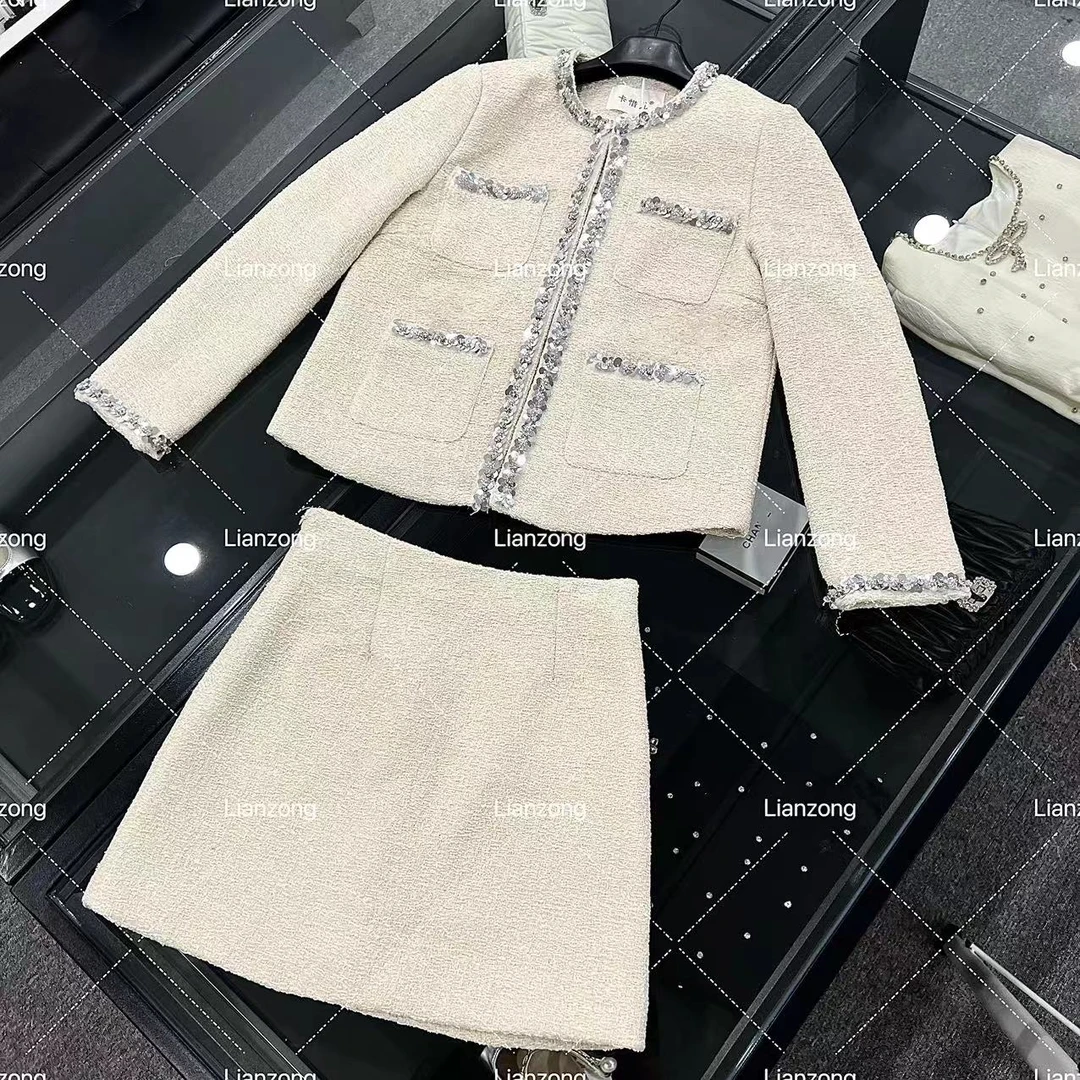 法式亮片白色洋气粗花呢短外套女高腰半身裙显瘦小香风套装QD8060