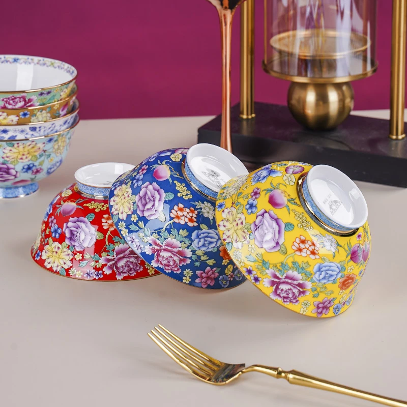 6英寸珐琅彩骨瓷饭碗面碗家用高脚防烫碗中式宫廷风景德镇餐具