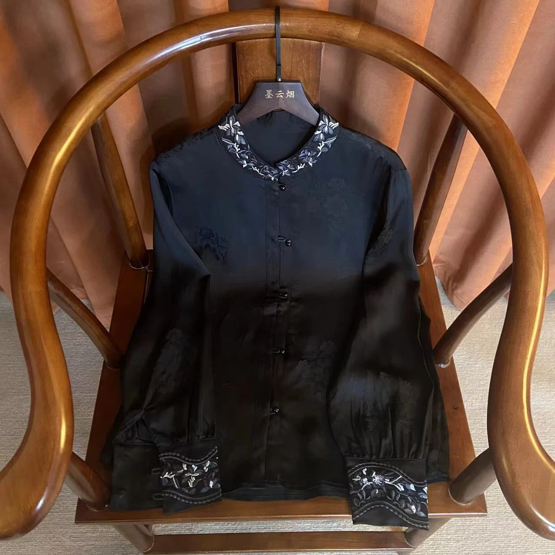 【墨游】勾花镂空百搭新中式复古气质国风常规款衬衫小衫斜襟衬衣