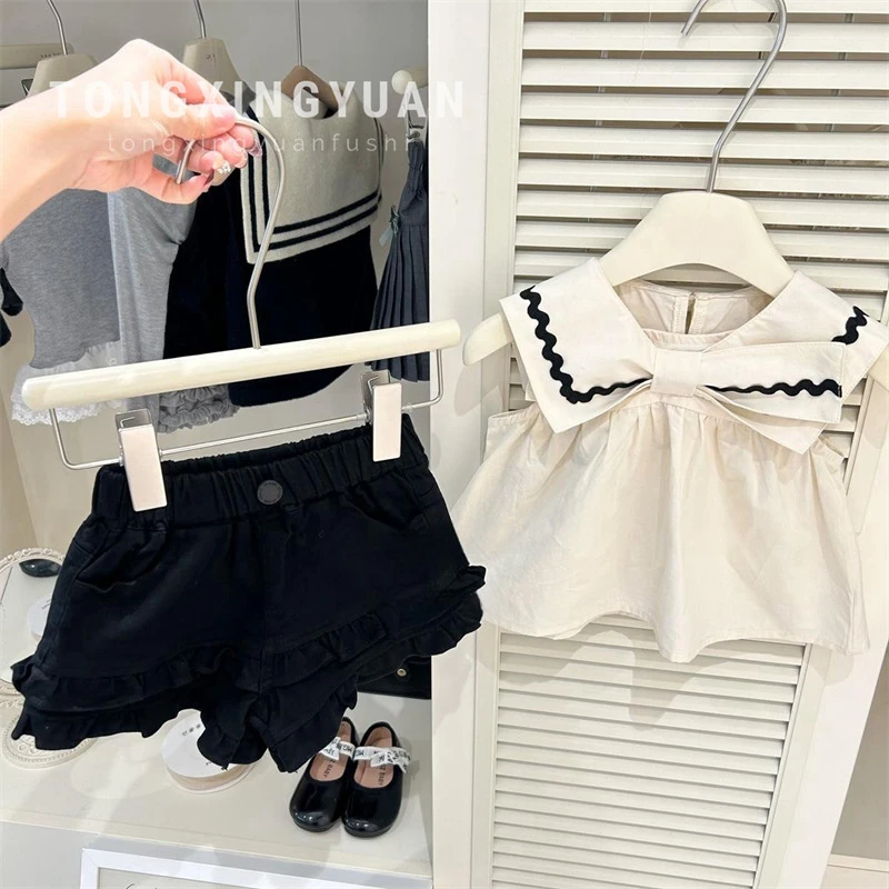 【童星圆】2025夏季女童海军领娃娃衫背心黑色荷叶边短裤时髦套装