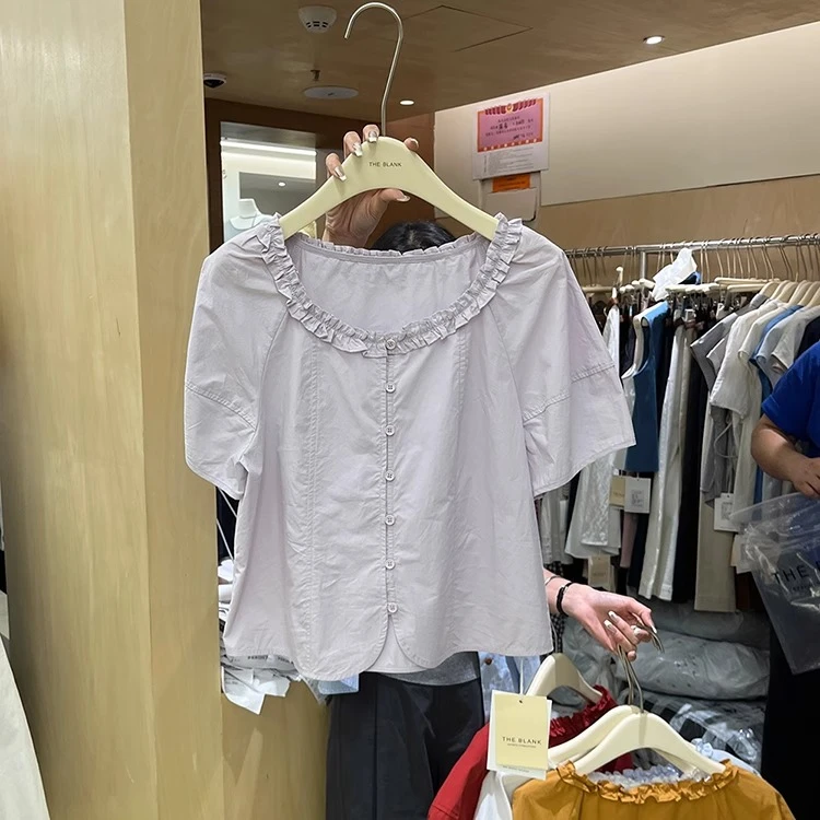 1159纯棉韩版上衣2025新款花边领短袖衬衫女气质甜美洋气娃娃衫夏