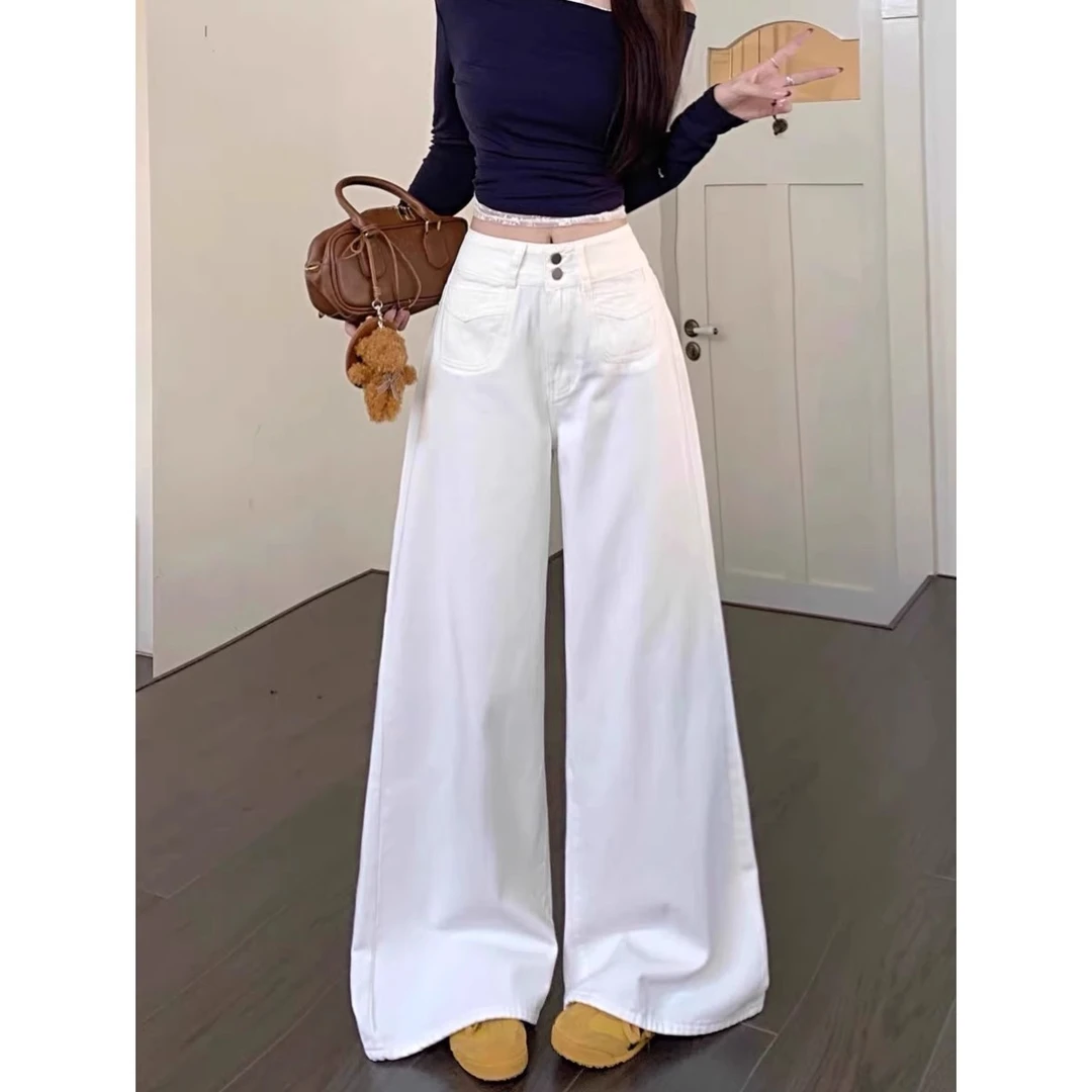 小个子白色双扣阔腿牛仔裤女春夏新款高腰直筒宽松显瘦垂感长裤潮