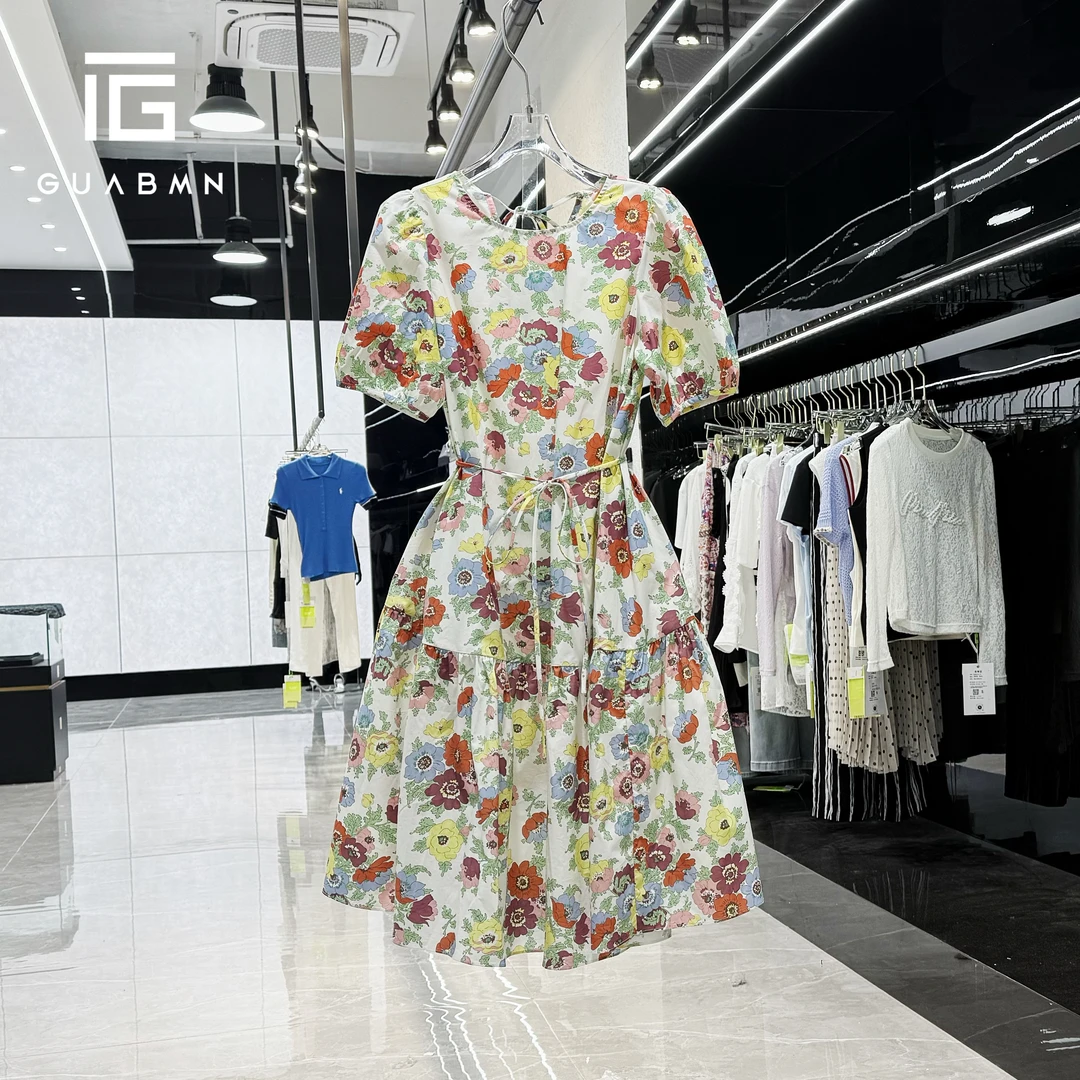 GUABMN2025夏季新款油画风复古泡泡袖高级显瘦碎花女装连衣裙5233