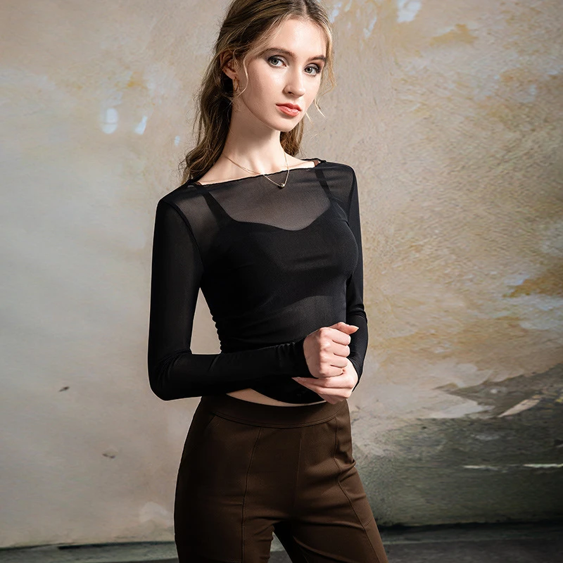 长袖夏季短款上衣网纱一字领辣妹薄款黑色蕾丝打底衫气质内搭洋气