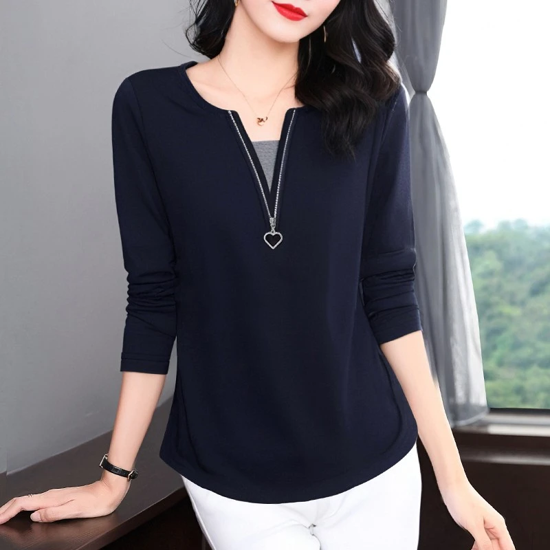 大码胖mm长袖t恤女2025年春秋新款打底衫黑色V领假两件上衣
