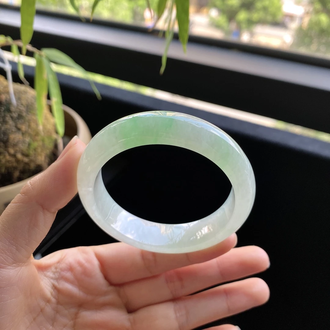 好色珠宝  圈口51缅甸老坑A货糯冰种甜绿正圈女款翡翠手镯