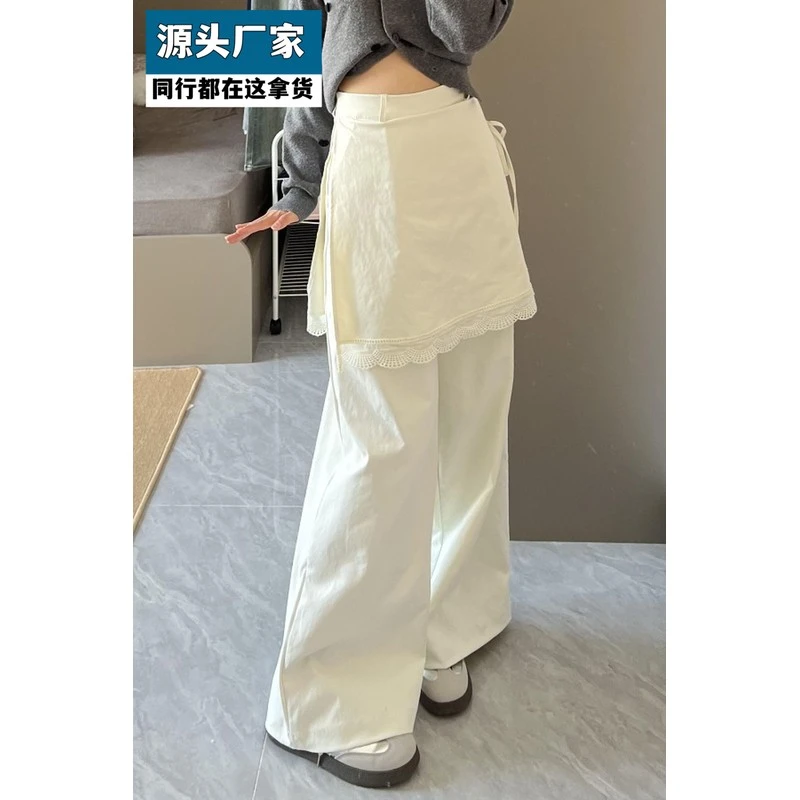 梵乐芬大码胖mm白色小众假两件屁帘休闲裤女春季高腰显瘦宽松直筒