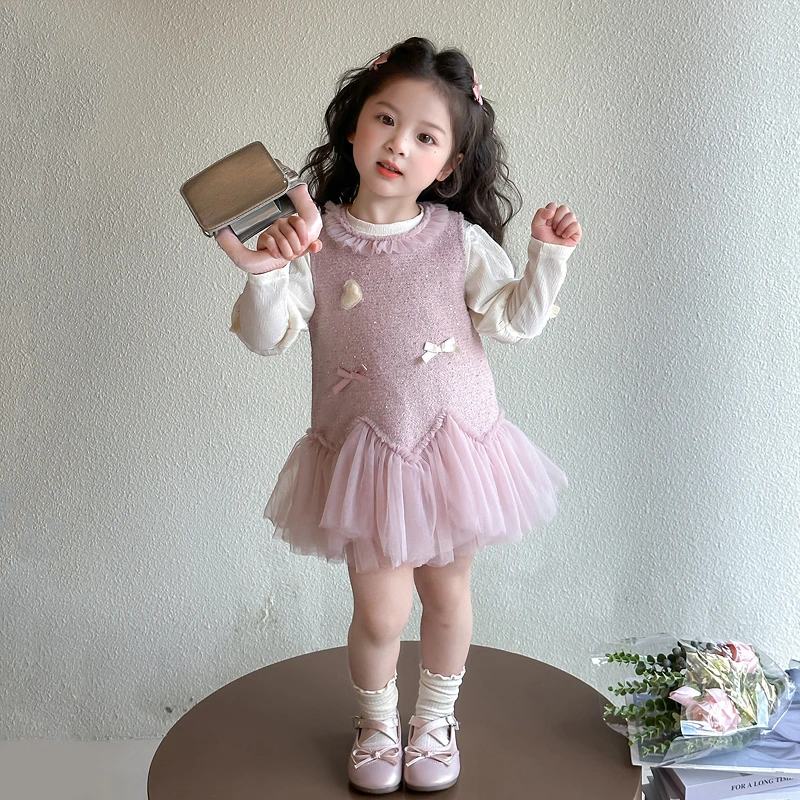 L101女童春季韩版时尚两件套白色T恤粉色纱裙洋气女宝可爱公主裙