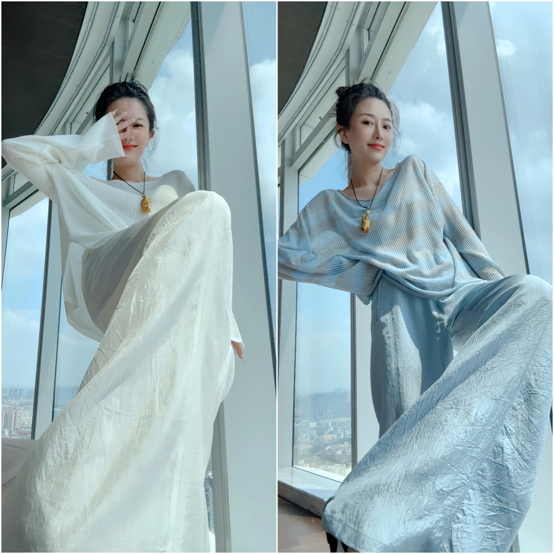 LAU+【海盐苏打水】100%醋酸裤 自带褶皱 冰雪奇缘 设计师女装