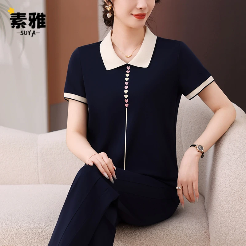 妈妈夏装翻领短袖T恤上衣中老年运动套装女夏季韩版两件套贵夫人