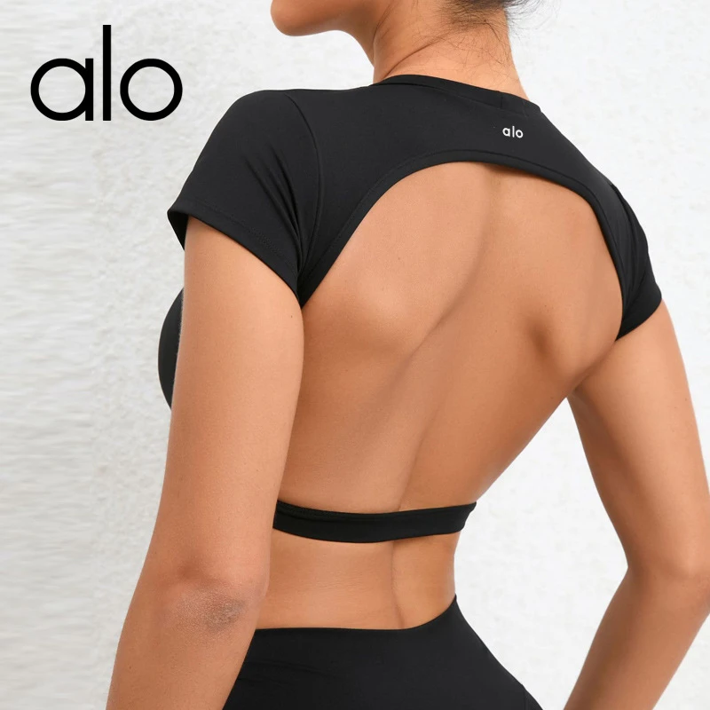 圆领正肩短袖T恤夏季宽松T恤新款套装新款欧美无胸垫裸感瑜伽服紧