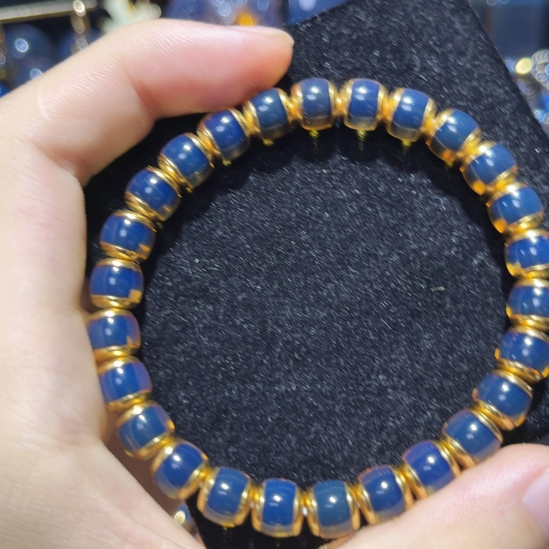 蓝珀银S925镀金镶嵌珠宝奇石8mm墨西哥灯笼手串