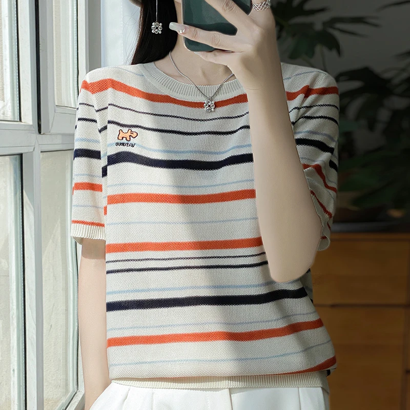 刺绣彩条针织衫女夏季大码条纹上衣宽松显瘦薄款撞色冰丝短袖T恤