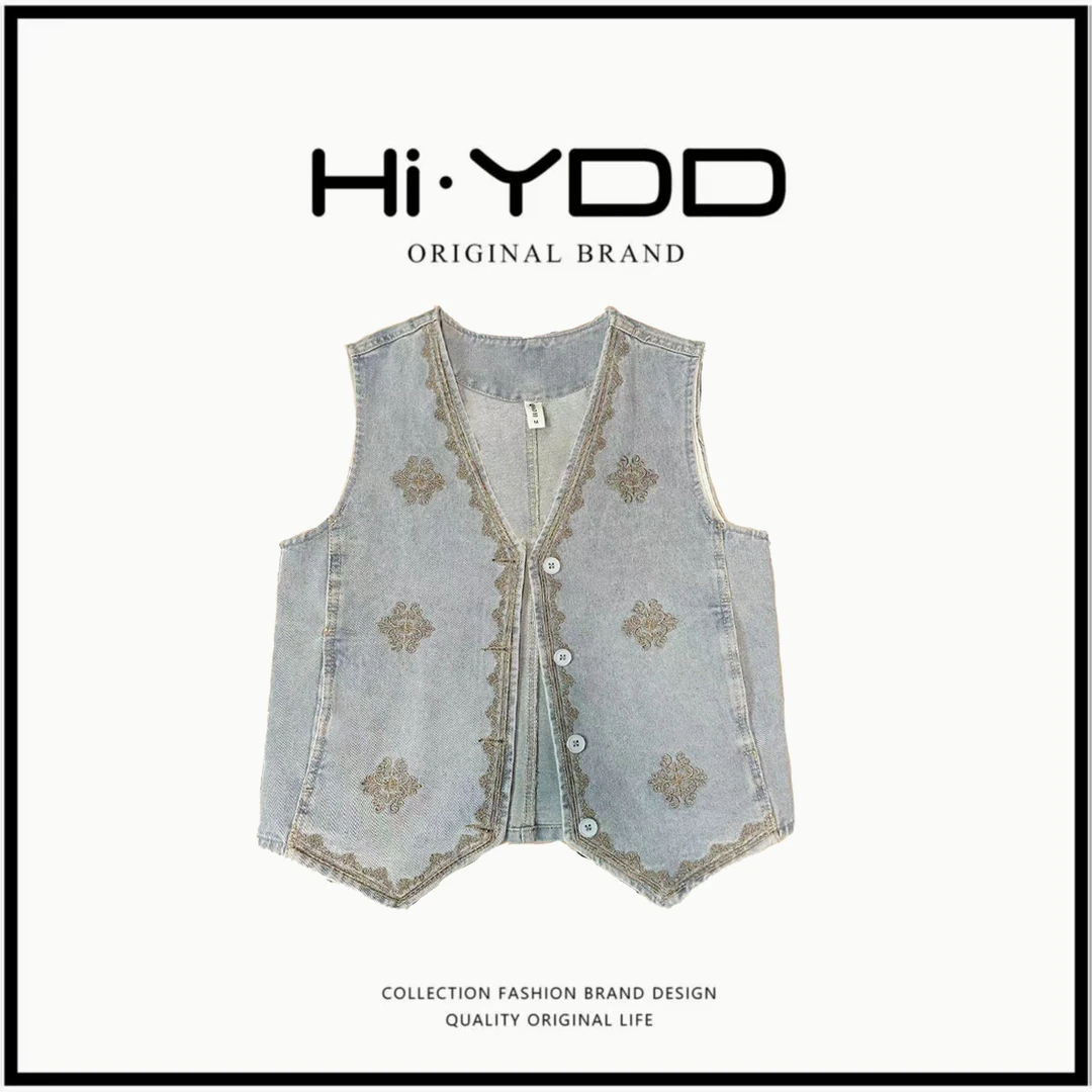 欧洲站高级感V领刺绣单排扣牛仔马夹女2025夏季新款时尚马甲外套