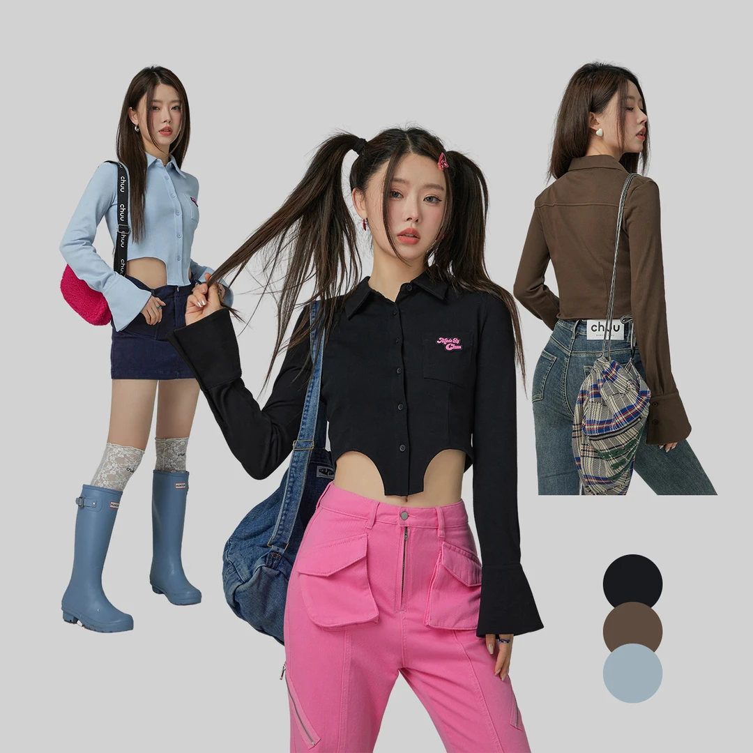 DB002【马琦尧专属】CHUU春新品毛巾polo领短款长袖辣妹显瘦衬衫-Y