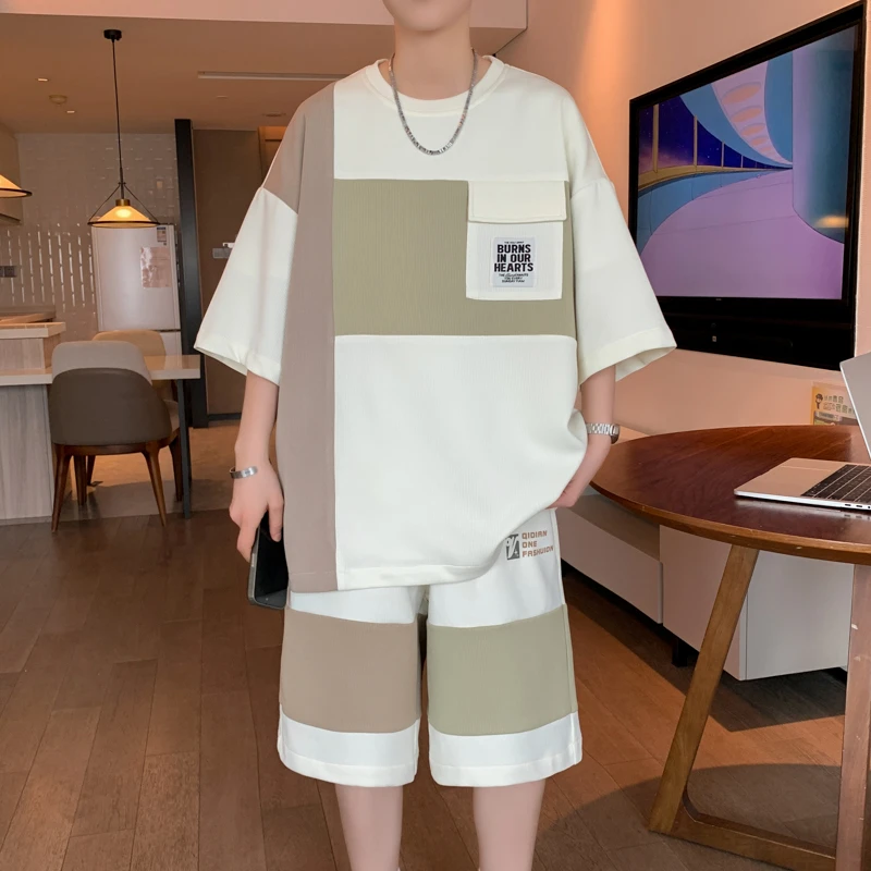 印花时尚青少年T恤炸街短袖休闲运动套装宽松夏季大码薄款