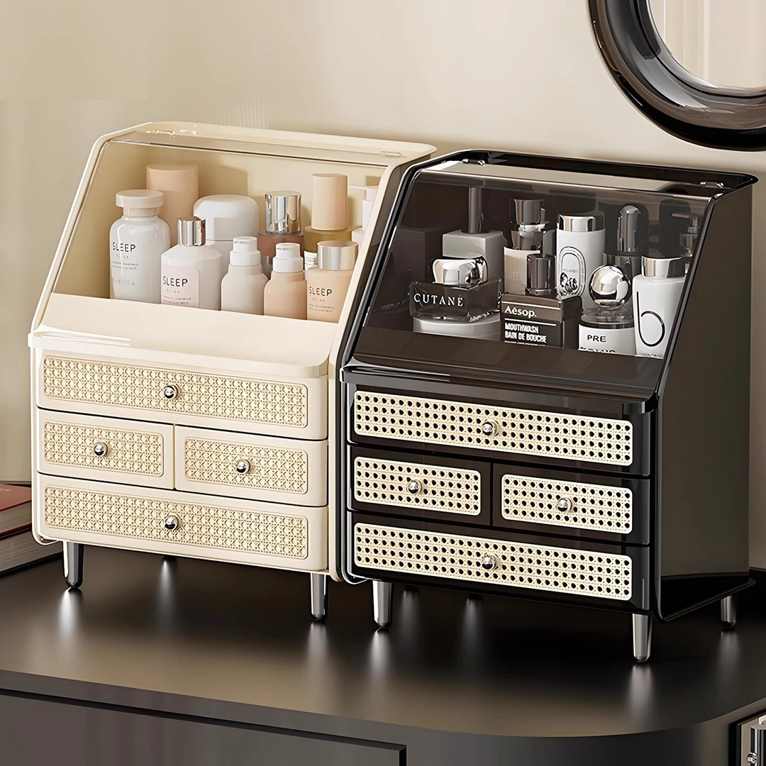 化妆品收纳盒高级复古藤编梳妆台桌面护肤品加高防尘抽屉式置物架
