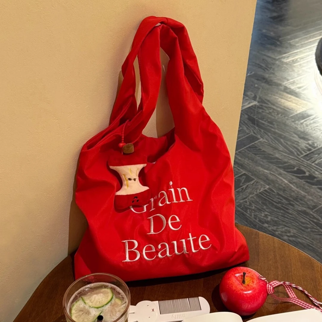 ins风字母红色帆布包女韩系慵懒风上班休闲大容量通勤单肩托特包