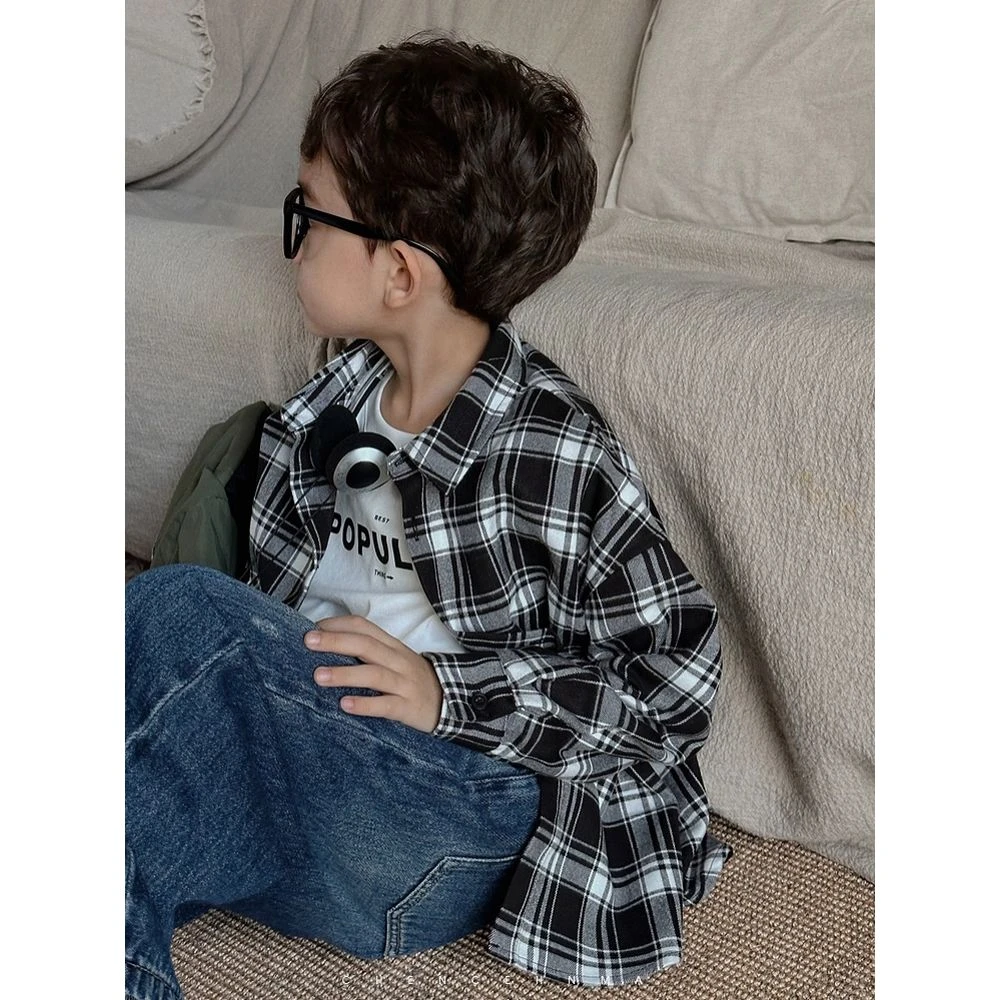 FAVMARTHA男童衬衫格子2025新款春秋长袖儿童休闲上衣男孩帅气加