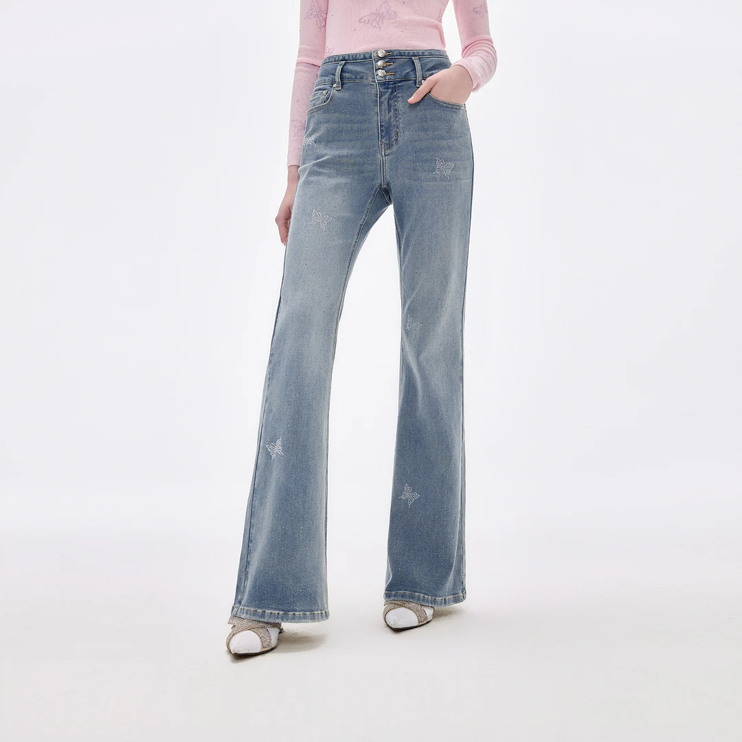 MISSCOCOON可可尼深蓝色牛仔裤女2025冬季新款烫钻高腰棉喇叭裤