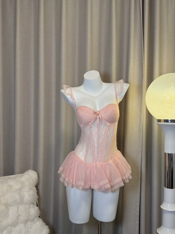 公主粉-性感鱼骨网纱睡衣