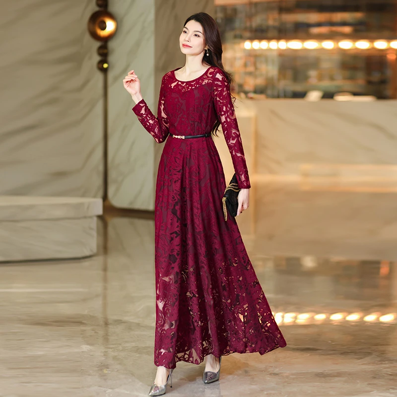 酒红色碎花长袖连衣裙女春秋季2025新款洋气高级感气质显瘦
