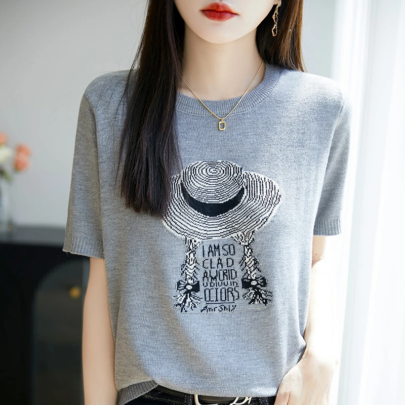 品牌女装2025夏季薄款设计感时尚提花宽松针织衫女圆领短袖Tt恤薄