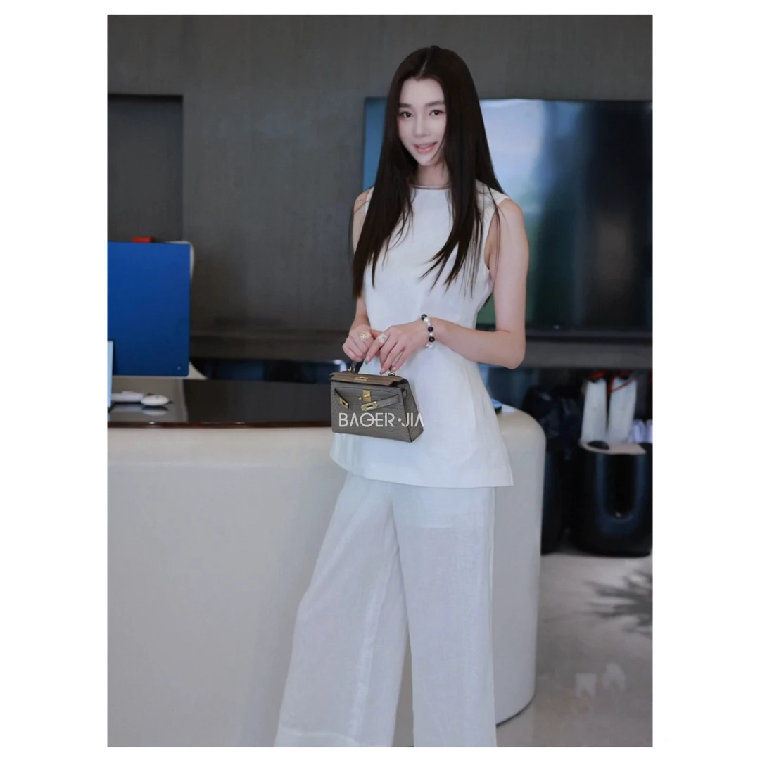 88-【白茶套装】宝儿家含幂BF62225204夏季慵懒松弛感亚麻上衣裤装