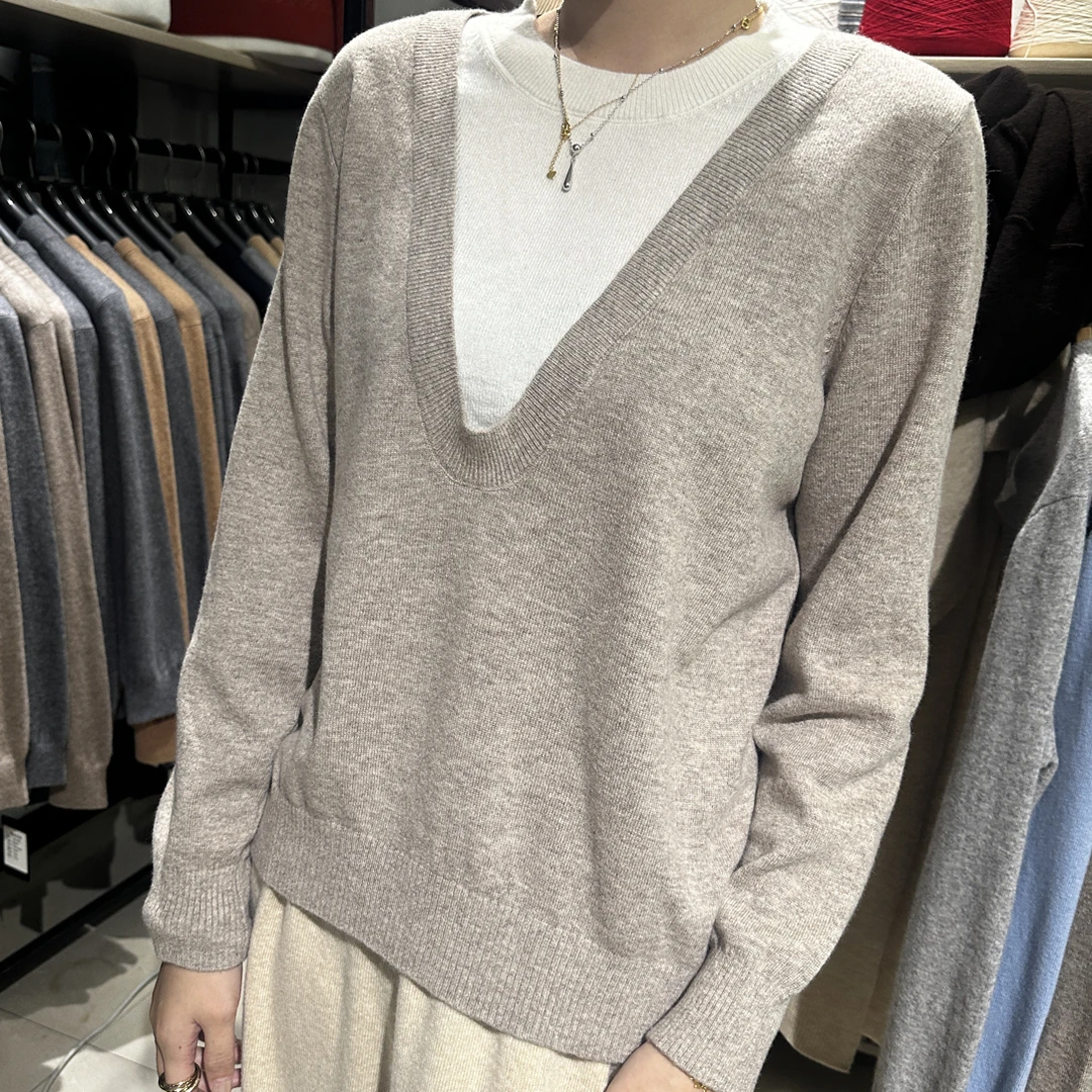 （30绒）V领针织时尚长袖宽松衫拼色